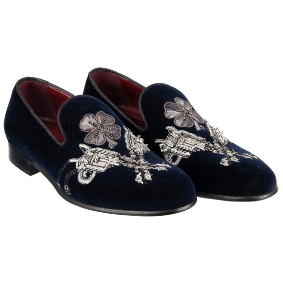 Dolce & Gabbana - Pistols and Flower Embroidered Velvet Loafer Shoes MILANO Blue - Picture 1 of 5